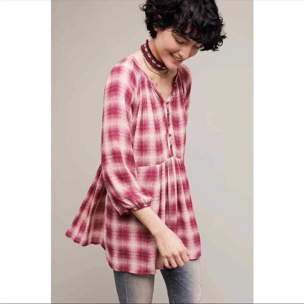 Maeve Anthropologie Calavon Pink Check Print Peplum Top Size medium